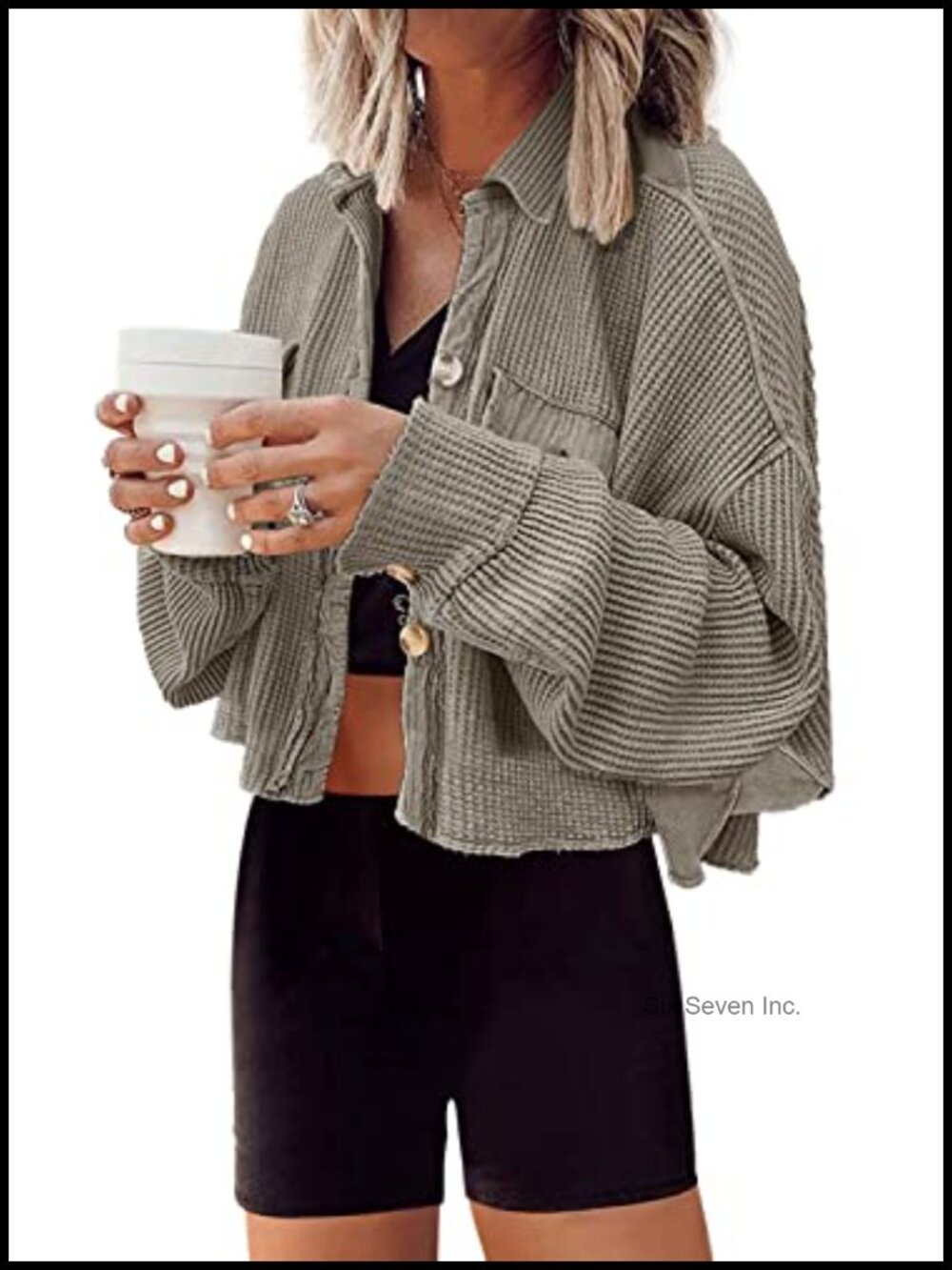 Waffle Knit Cropped Shacket Button Down Dolman Sleeve Oversized Cardigan